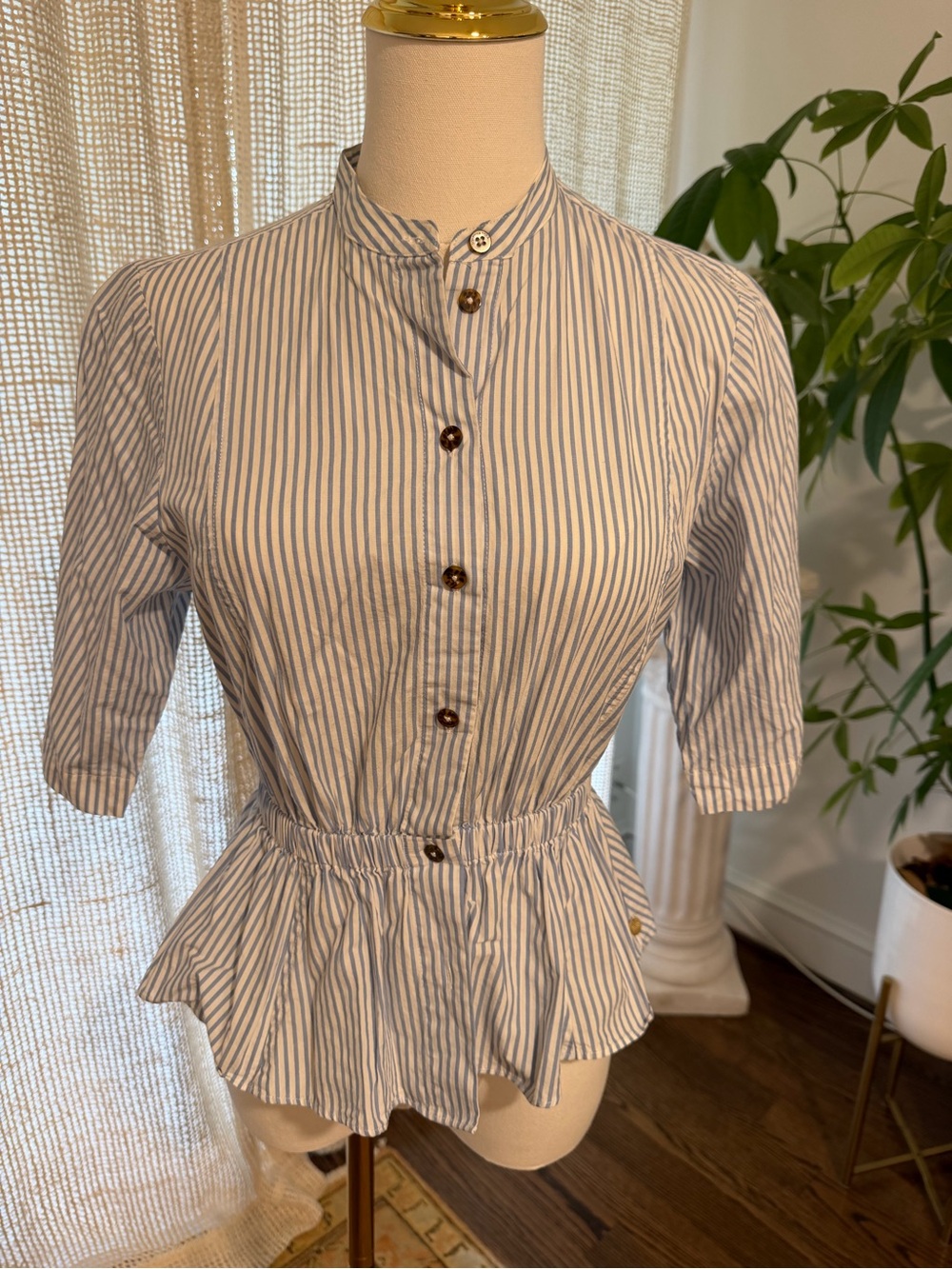Scotch and Soda XS Striped Blue and White Peplum Button-Front Women's Top